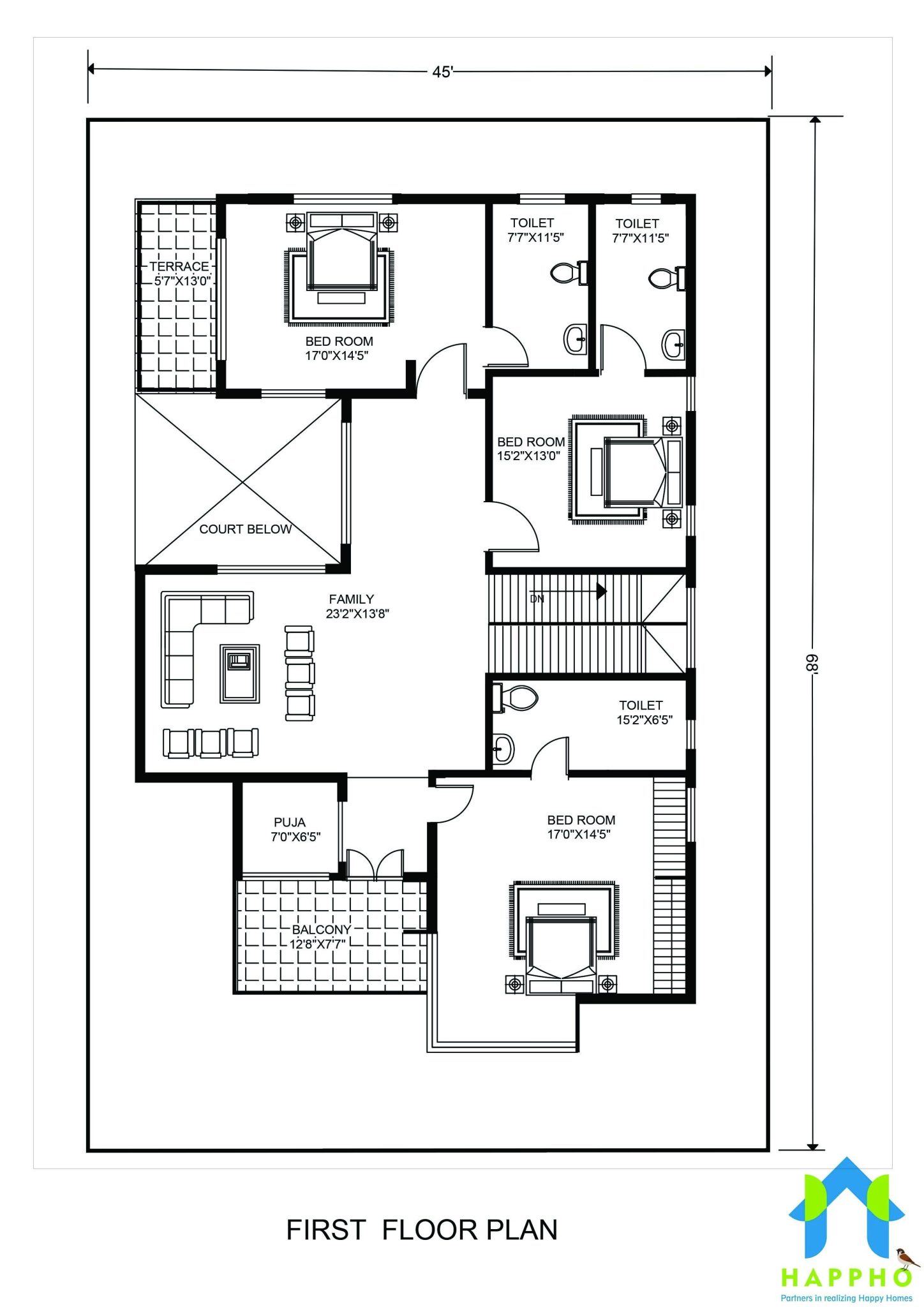 Floor Plan for 45 X 68 Feet plot 3BHK (3060 Square Feet