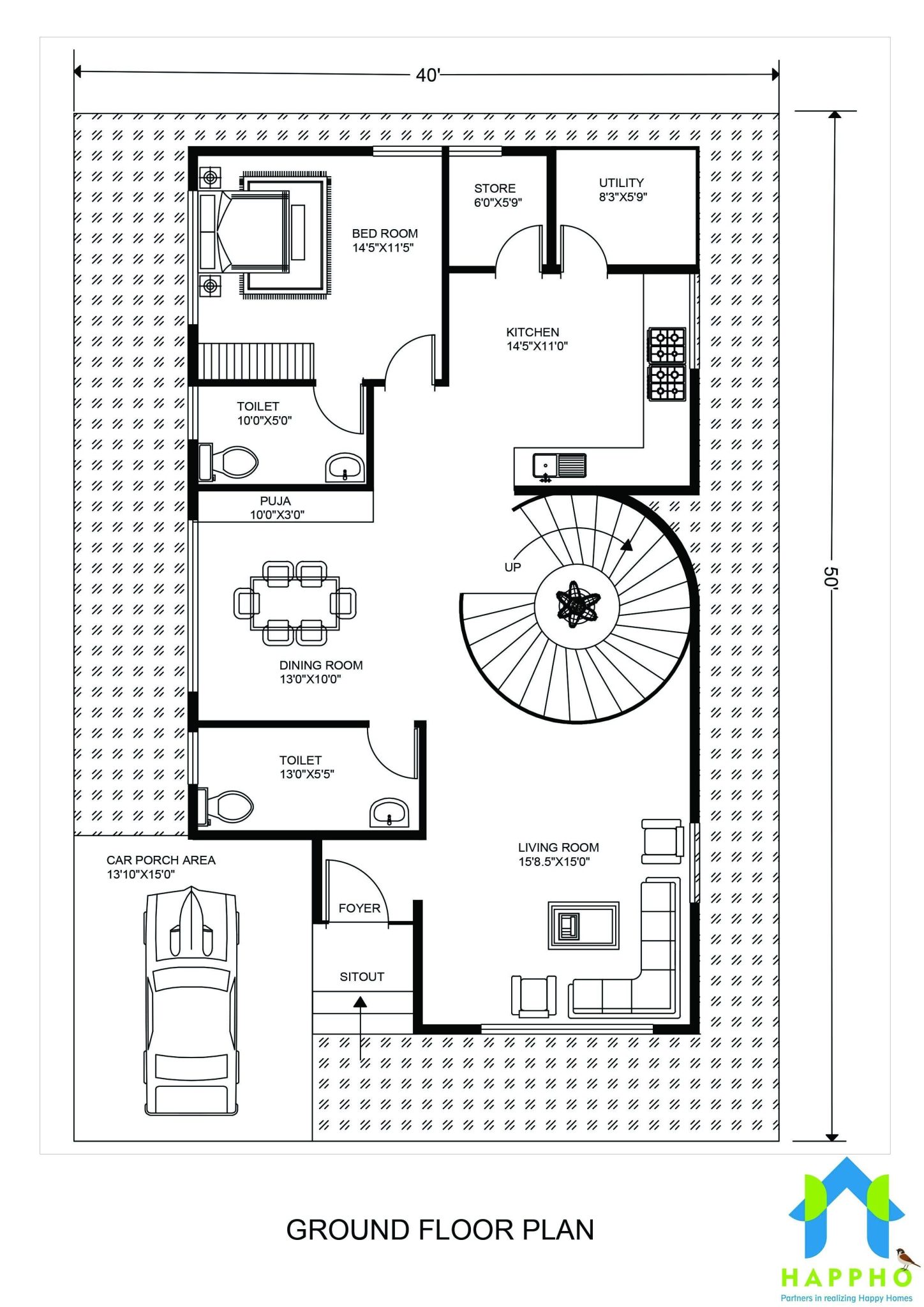 Floor Plan for 40 X 50 Feet plot | 3-BHK (2000 Square Feet ...