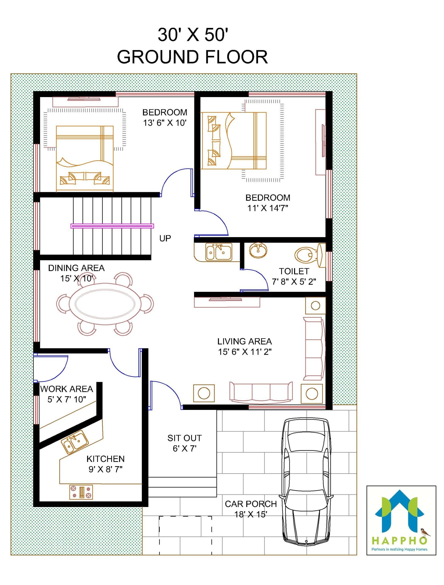Floor Plan for 30 X 50 Feet Plot | 4-BHK(1500 Square Feet ...
