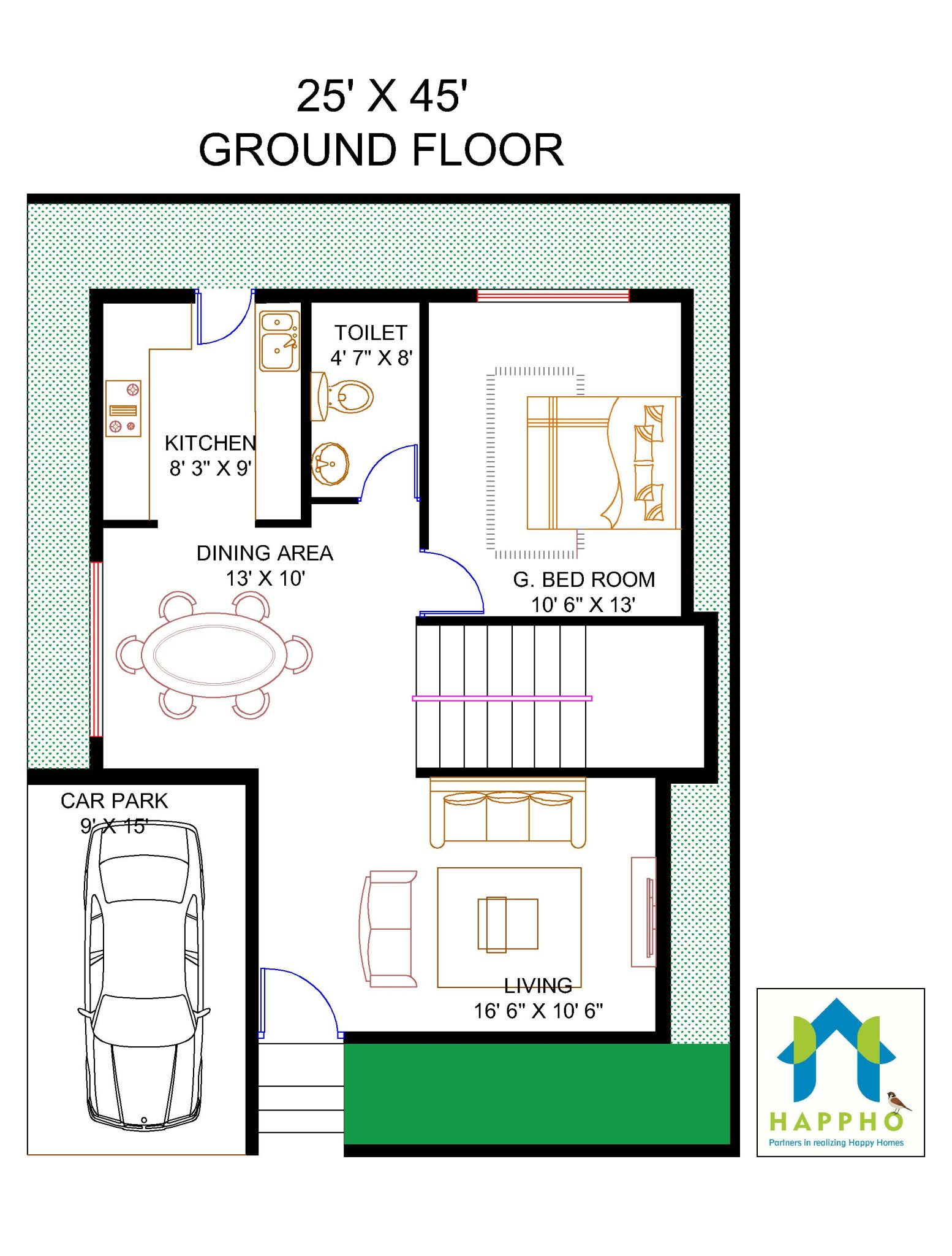 Floor Plan for 25 X 45 Feet Plot 1BHK (1125 Square Feet