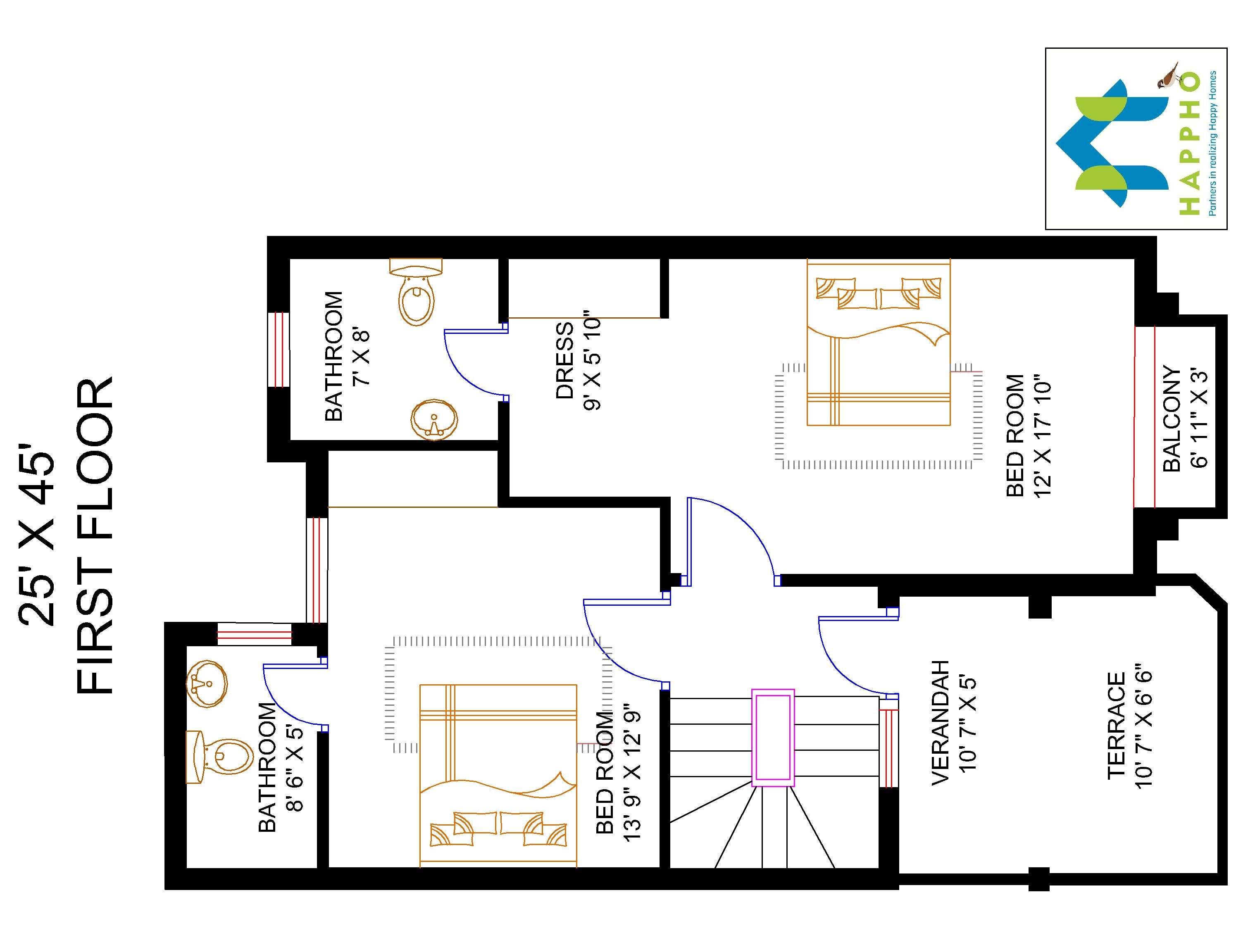 Floor Plan for 25 X 45 Feet Plot 3BHK (1125 Square Feet