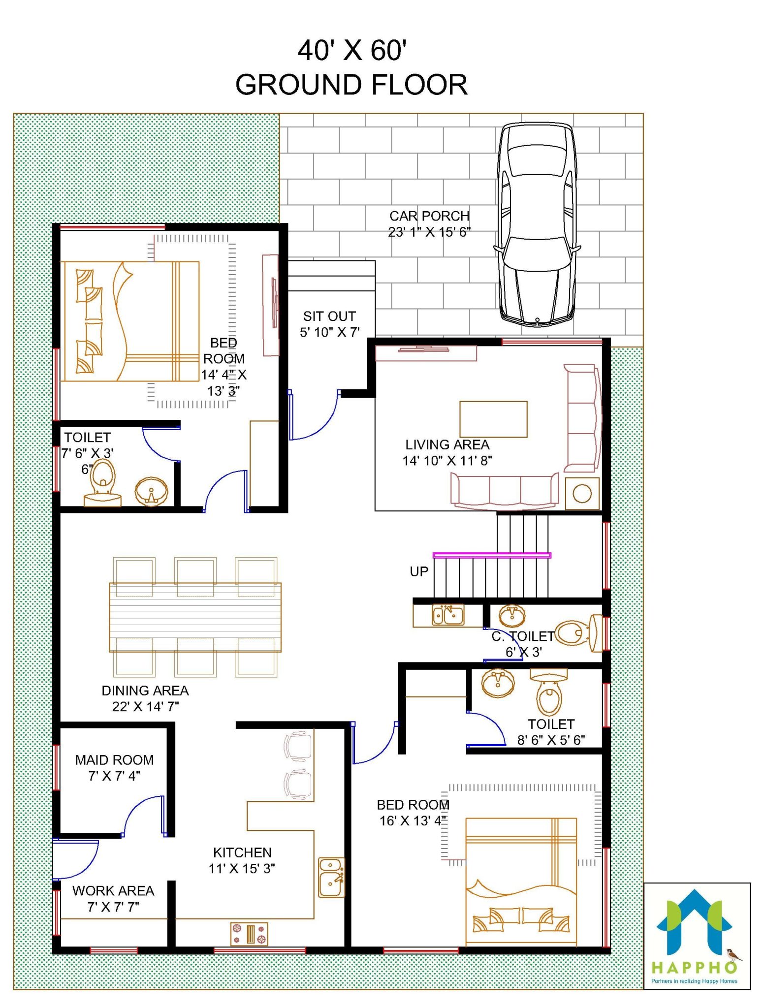Floor Plan for 40 X 60 Feet Plot 4BHK (2400 Square Feet