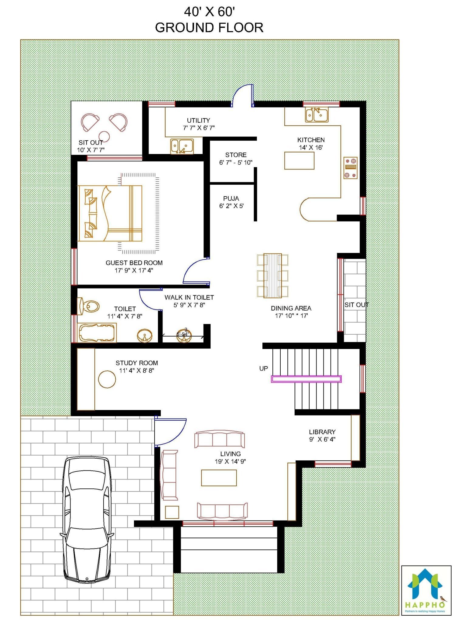 Floor Plan for 40 X 60 Feet Plot 3BHK (2400 Square Feet
