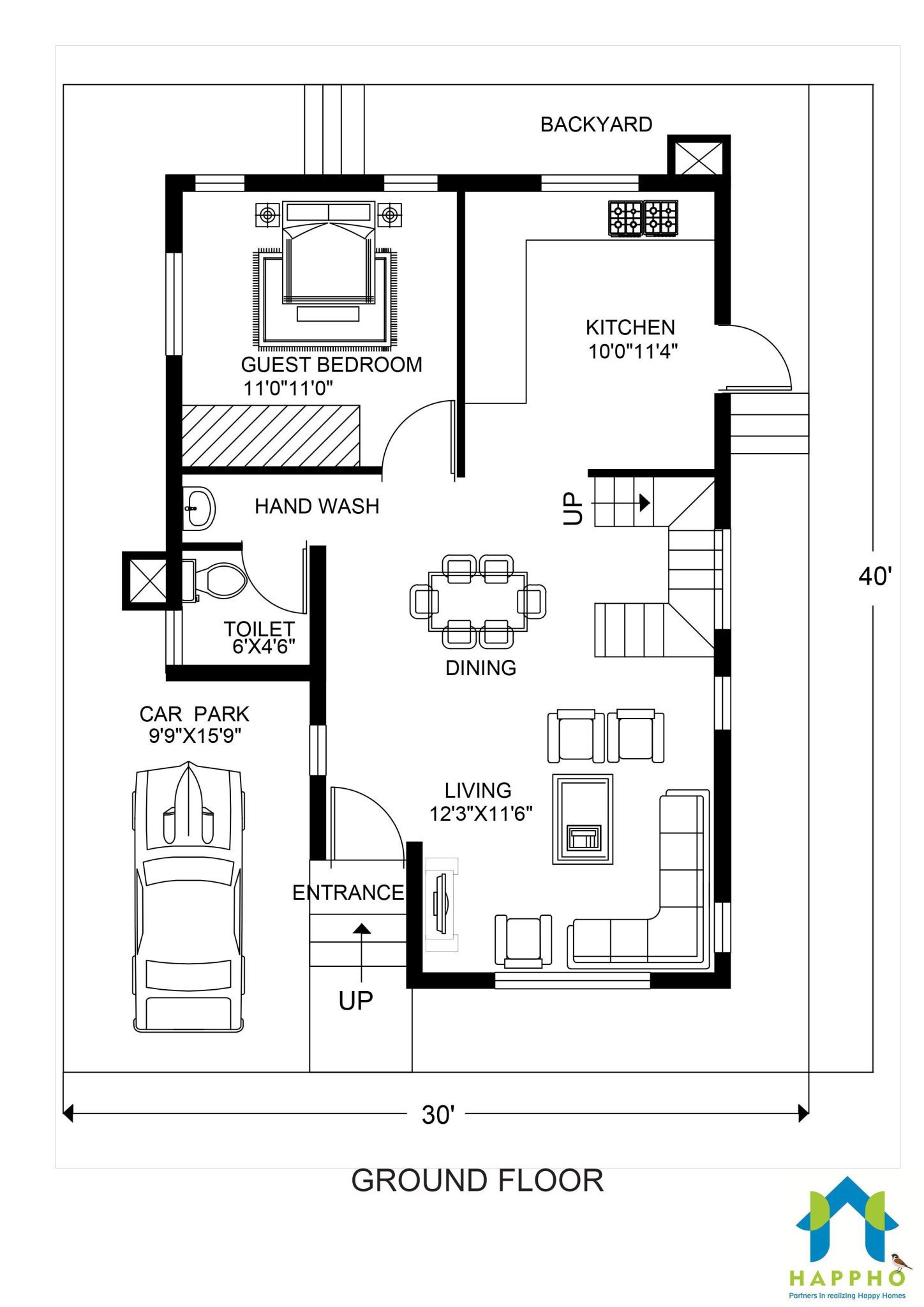 Floor Plan for 30 X 40 Feet Plot 3BHK (1200 Square Feet