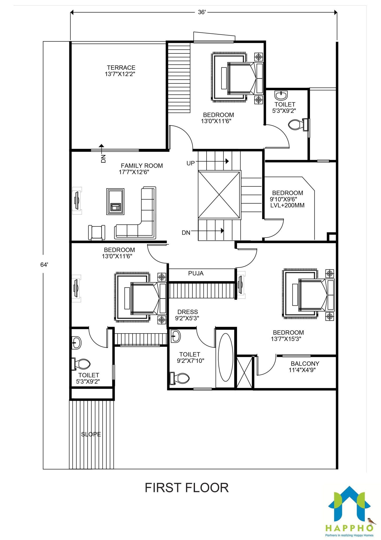 Floor Plan for 36 X 64 Feet Plot 4BHK (2304 Square Feet